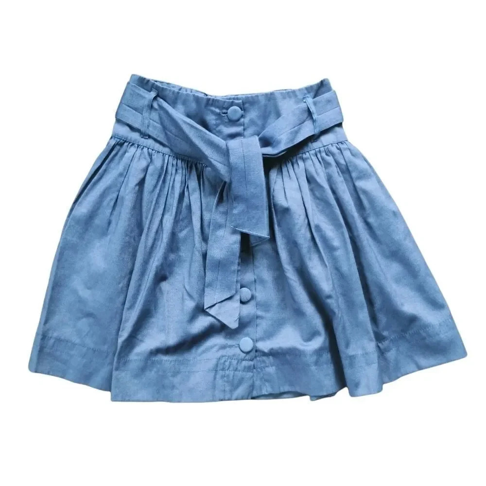 Handmade Button Down Pleated Skirt Belt Cotton Jean Size Small
